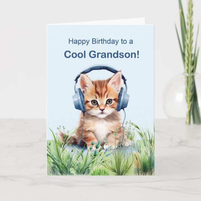 Carte Cool Grandson Birthday Cat with Headphones (Devant)