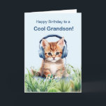Carte Cool Grandson Birthday Cat with Headphones<br><div class="desc">Dégustez votre petit-fils avec cette carte d'anniversaire vibrante avec une aquarelle géante illustrant un chat qui se fraie un chemin dans l'herbe, avec des écouteurs branchés. Le front souhaite chaleureusement un "Joyeux anniversaire à un grand-fils Cool", tandis que l’intérieur indique que vous avez entendu des choses merveilleuses à son sujet....</div>