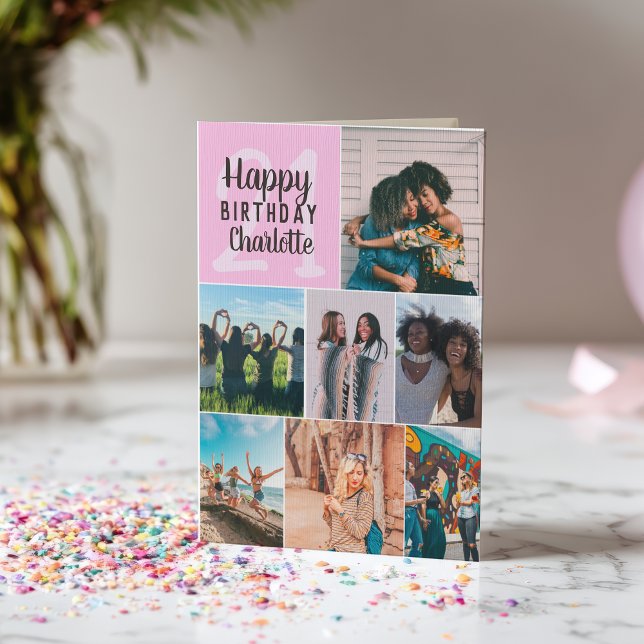Carte Cool modern pink photos collage grid 21 birthday (Cool modern pink photos collage grid 21 birthday card)