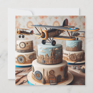 CARTE COOL RETRO BIPLANE GÂTEAU D'ANNIVERSAIRE