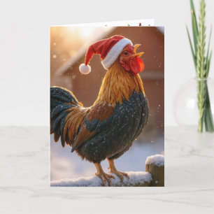 Carte Coq de Noël qui chante en portant un chapeau de Pè