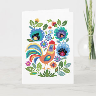 Carte Coq et fleurs Wycinanki, style folklorique polonai