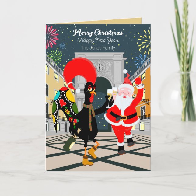 Carte Coq portugais et toast Père Noël au Nouvel An (Devant)