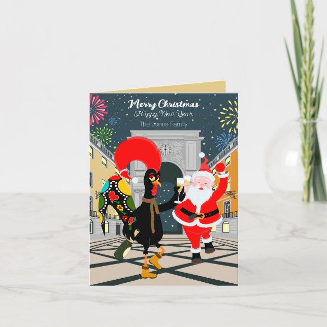 Carte Coq portugais et toast Père Noël au Nouvel An (Devant)