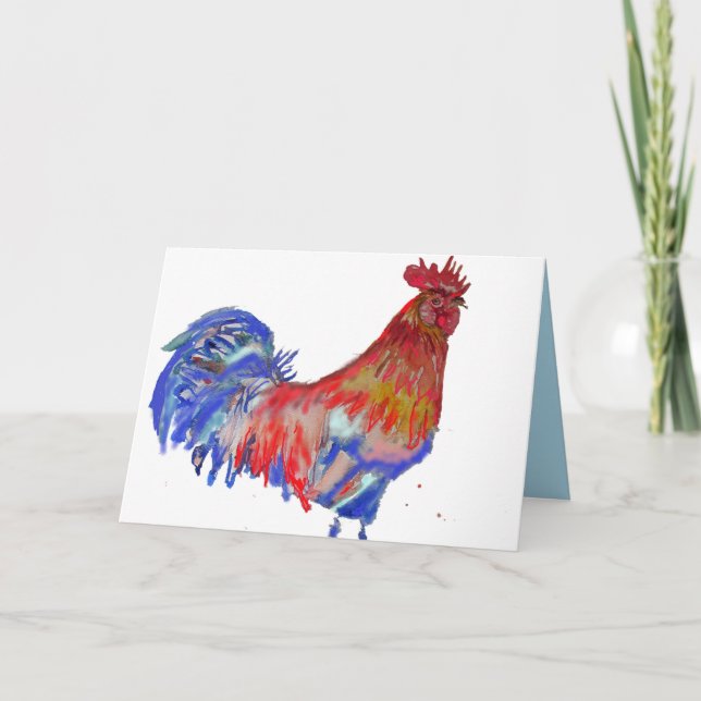 Carte Coq Rouge et Bleu Aquarelle Cockerel (Devant)