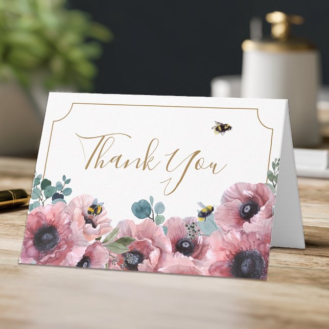 Carte Coquelicots roses et abeilles Merci (Pink Floral Thank You Card)
