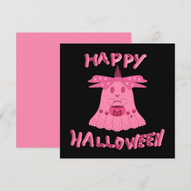 Carte Coquette Rose Fantôme Joyeux Halloween Art Numériq (Devant / Derrière)
