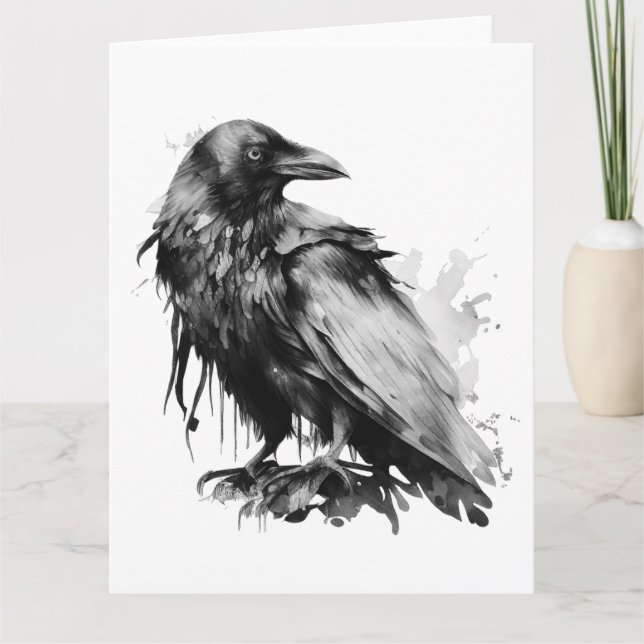 Carte Corbeau aquarelle - N&B (Devant)