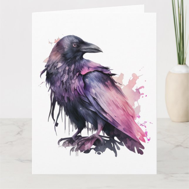 Carte Corbeau aquarelle - Rose (Devant)