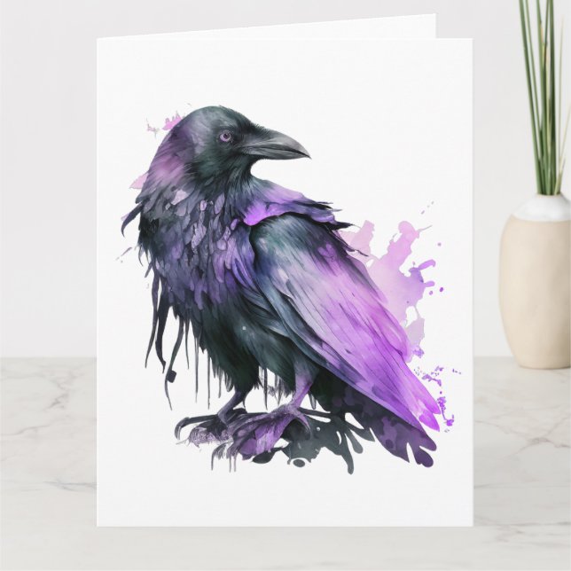 Carte Corbeau aquarelle - Violet (Devant)