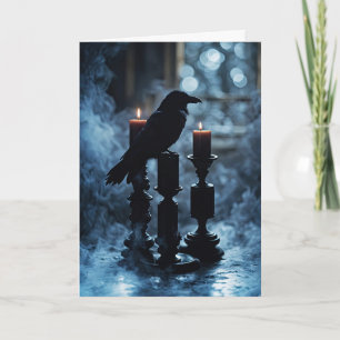 Carte Corbeau de Samhain et bougies gothiques avec fumée