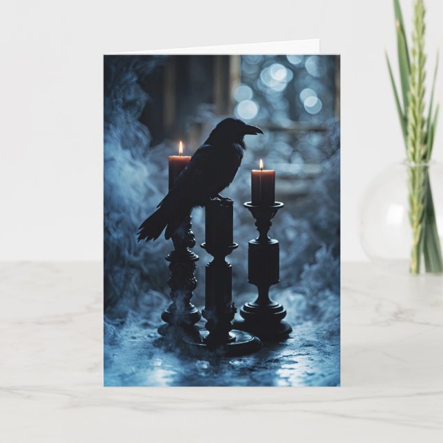 Carte Corbeau de Samhain et bougies gothiques avec fumée (Devant)