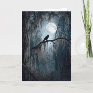Carte Corbeau d'Halloween dans une forêt sinistre