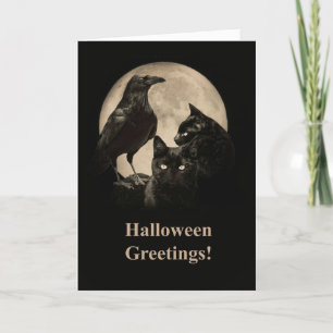 Carte Corbeau et chats noirs heureux Halloween