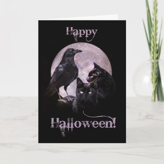 Carte Corbeau gothique cool et chat noir Halloween (Devant)