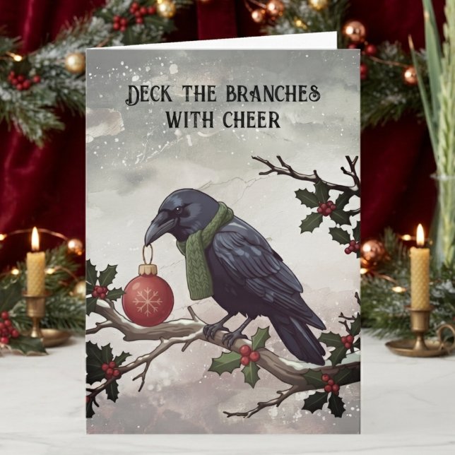 Carte Corbeau Gothique Hiver (Gothic raven holiday card for alternative friends celebrating a moody winter Christmas.)