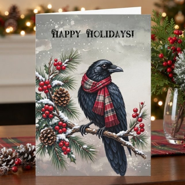 Carte Corbeau plaid gothique d'hiver (Scarf-wearing raven holiday greeting card for friends and family.)
