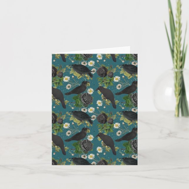 Carte Corbeaux gothiques et roses noires sur fond sarcel (Devant)
