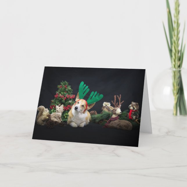 Carte Corgi avec Antlers et Woodland Friends Noël (Devant)