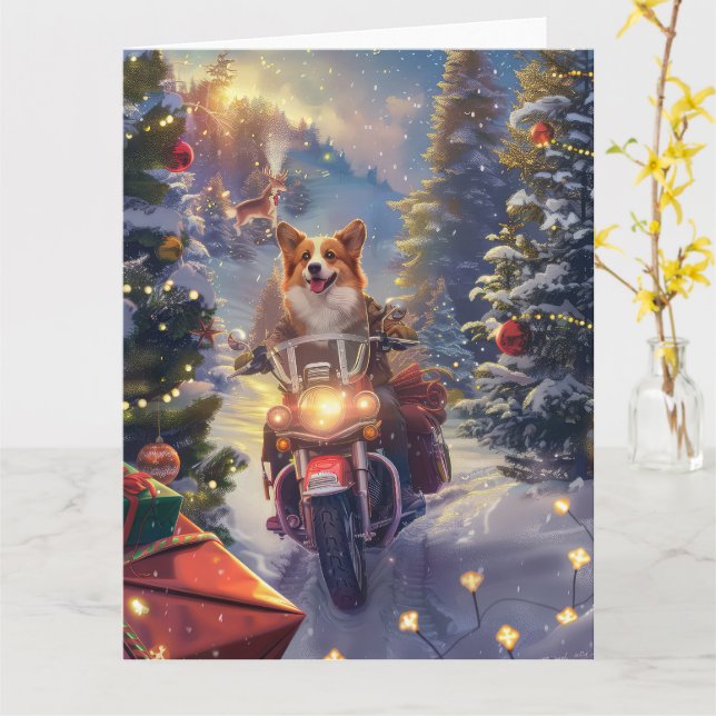 Carte Corgi Chien à Moto Noël (Fleur jaune)