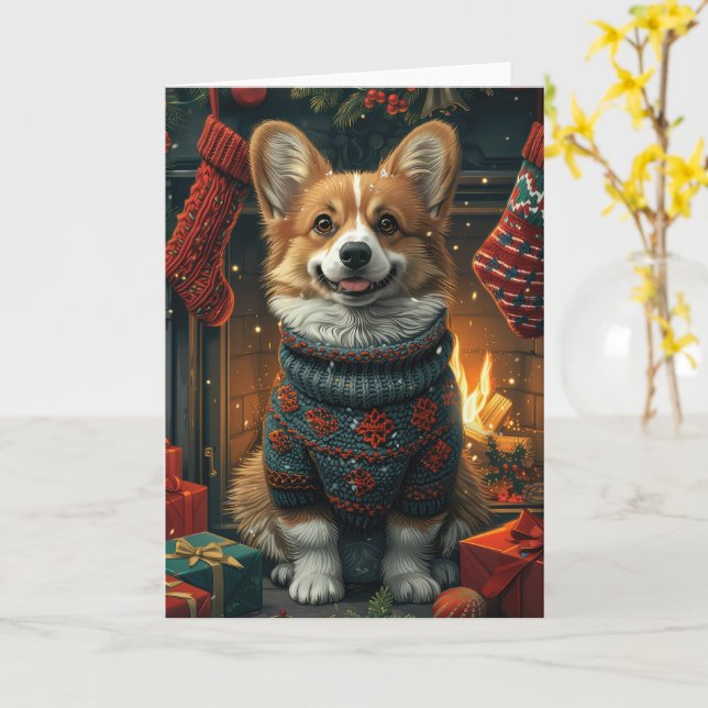Carte Corgi Chien Avec Les Cadeaux De Noël Cheminée (Fleur jaune)