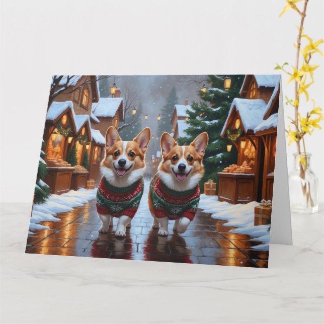 Carte Corgi Chiens Noël Fête de la neige (Fleur jaune)