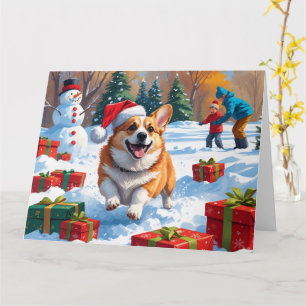 Carte Corgi courant dans la neige avec un chapeau de Noë