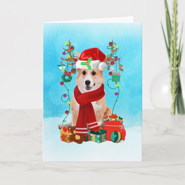 Carte Corgi dans la neige avec des cadeaux de Noël (Devant)