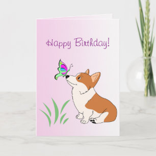 Carte Corgi de joyeux anniversaire avec le papillon