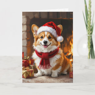 Carte Corgi de Noël au coin du feu