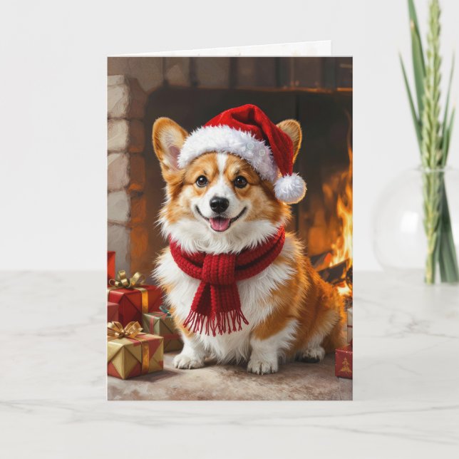 Carte Corgi de Noël au coin du feu (Devant)