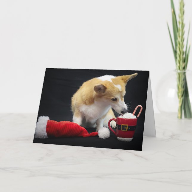 Carte Corgi de Noël mangeant de la crème fouettée (Devant)
