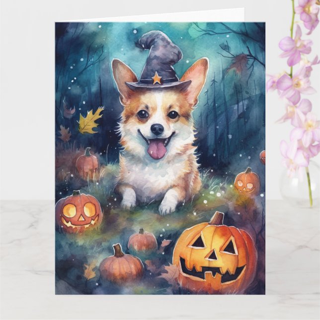 Carte Corgi d'Halloween avec la peur Citrouille (Orchidée)