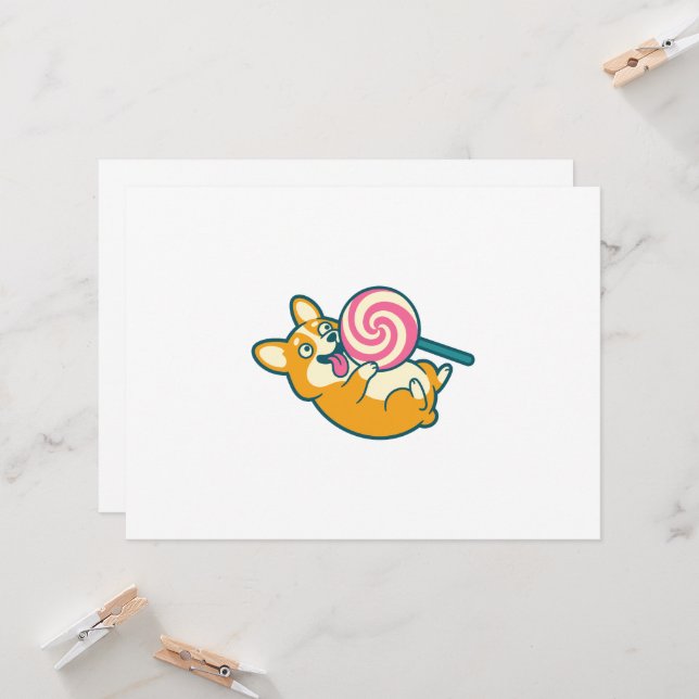 Carte Corgi drôle avec un énorme lollipop (Devant/Arrière en situation)