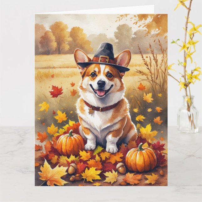 Carte Corgi En Automne Laisse L'Art Thanksgiving (Fleur jaune)