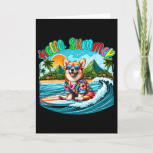 Carte Corgi en costume d'été lunettes de soleil surfant