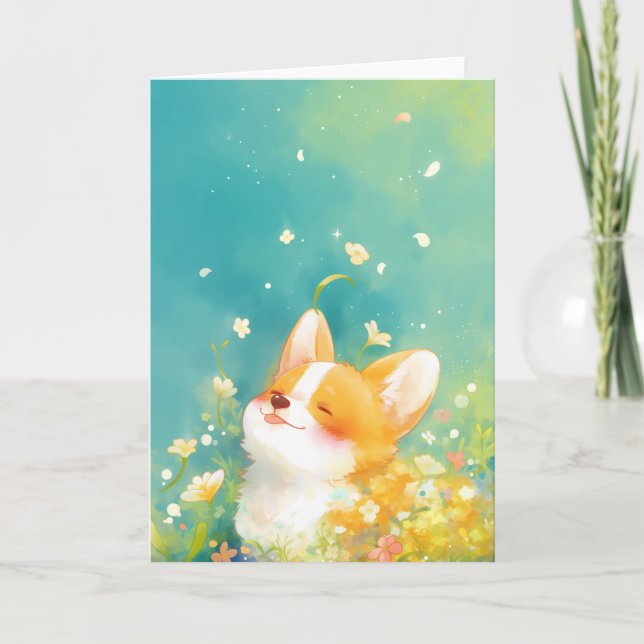 Carte Corgi en journée entourée de fleurs (Devant)
