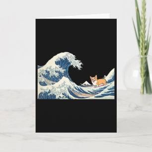 Carte Corgi faisant du surf sur une grande vague océan v