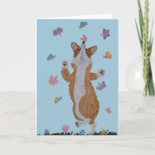 Carte Corgi gallois dansant avec des papillons