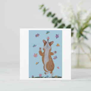 Carte Corgi gallois dansant avec des papillons