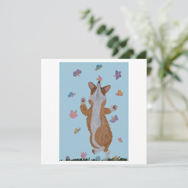 Carte Corgi gallois dansant avec des papillons (Debout devant)