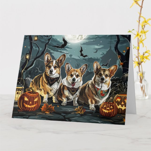 Carte Corgi Halloween Éffrayant (Fleur jaune)