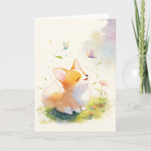 Carte Corgi heureux avec danse papillon