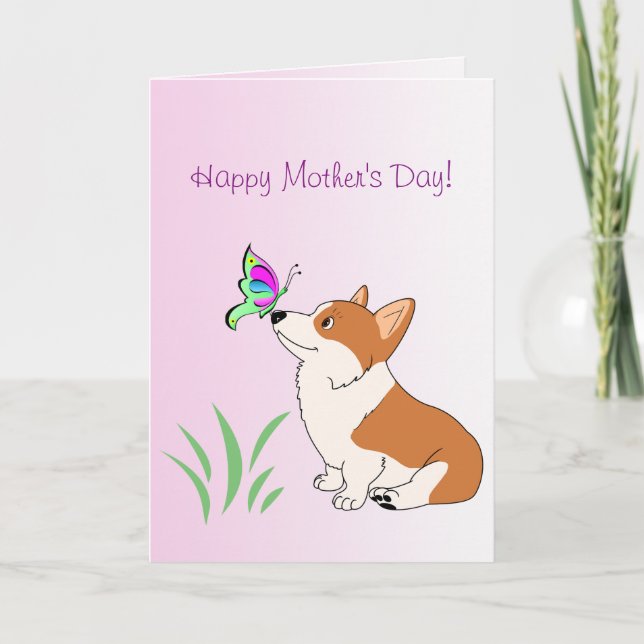 Carte Corgi heureux du jour de mère avec le papillon (Devant)