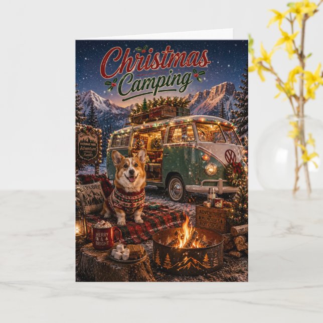 Carte Corgi Noël Camping Vacances Camionnette Hiver  (Fleur jaune)