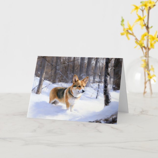 Carte Corgi Noël sous la neige (Fleur jaune)