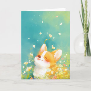 Carte Corgi rêveur entouré de fleurs