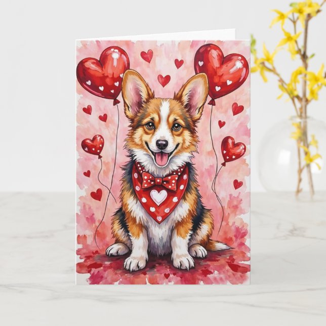 Carte Corgi Valentine’s Day Dog with Hearts Red (Fleur jaune)