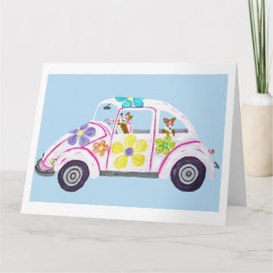 Carte Corgis hippies dans leur voiture d'amour Flower Ch
