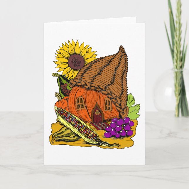 Carte Cornucopia et Citrouille Fairy House Whimsical Bla (Devant)